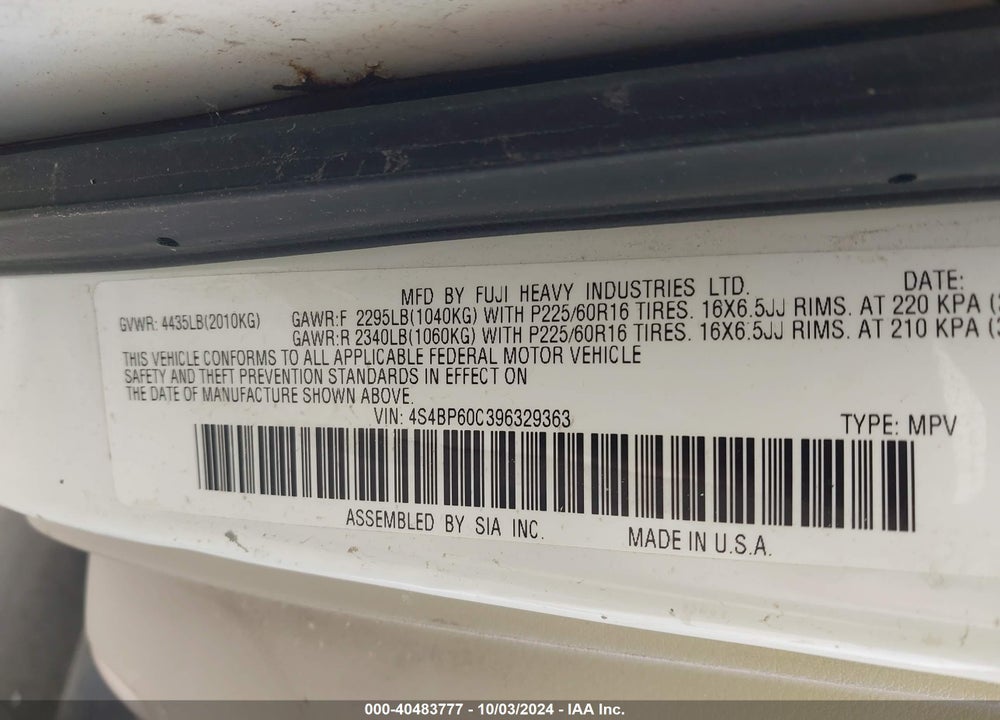 2009 SUBARU OUTBACK 2.5I VIN: 4S4BP60C396329363