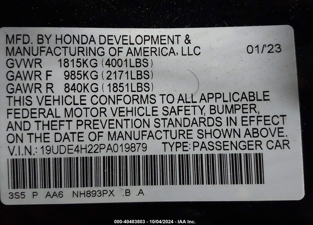 2023 ACURA INTEGRA VIN: 19UDE4H22PA019879