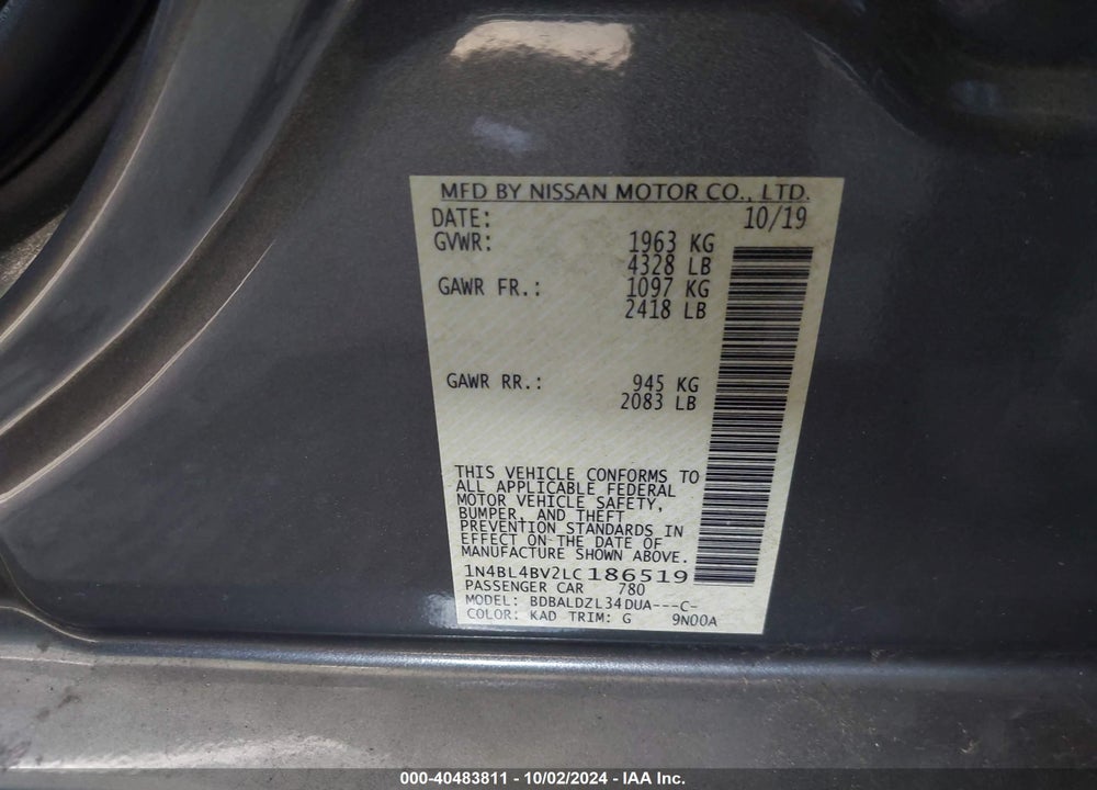 2020 NISSAN ALTIMA S FWD VIN: 1N4BL4BV2LC186519