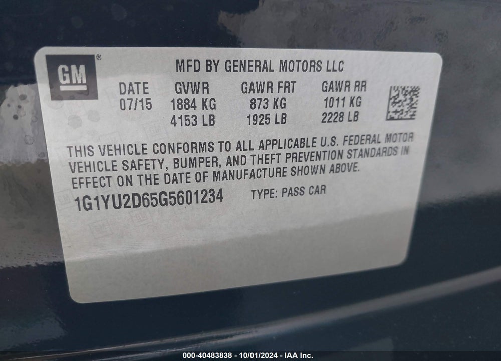 2016 CHEVROLET CORVETTE Z06 VIN: 1G1YU2D65G5601234
