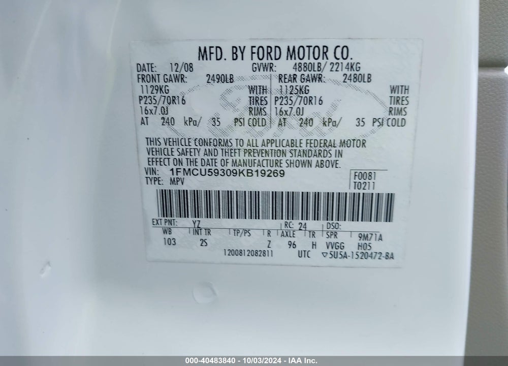 2009 FORD ESCAPE HYBRID LIMITED VIN: 1FMCU59309KB19269