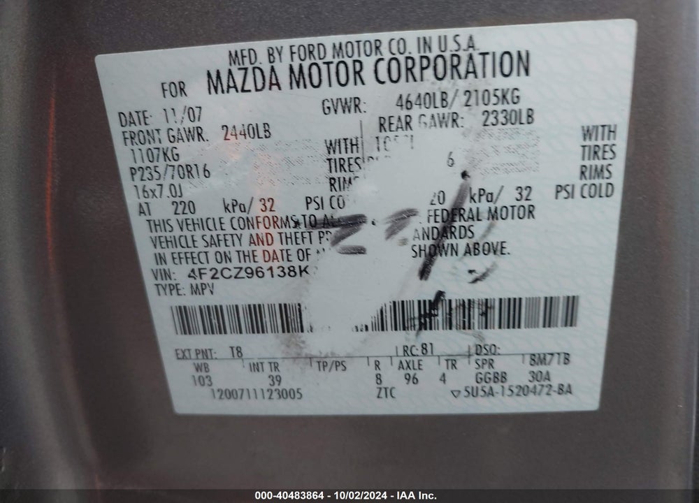 2008 MAZDA TRIBUTE S TOURING VIN: 4F2CZ96138KM21430