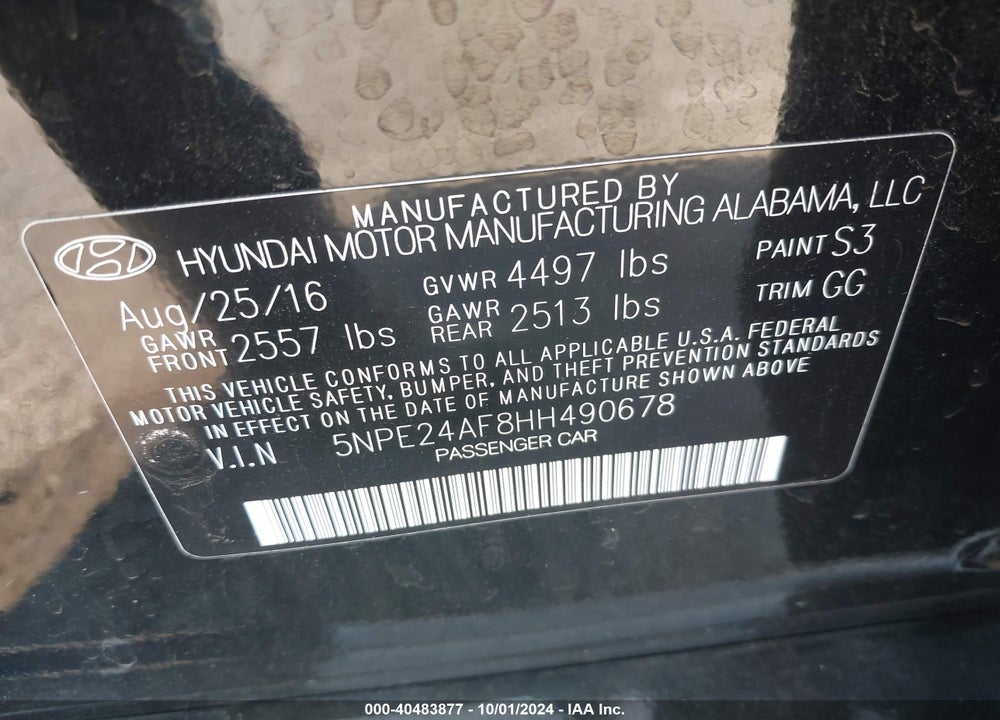 2017 HYUNDAI SONATA VIN: 5NPE24AF8HH490678