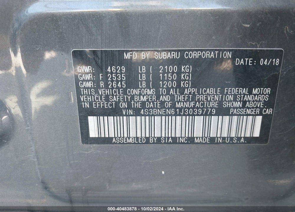 2018 SUBARU LEGACY 3.6R LIMITED VIN: 4S3BNEN61J3039779