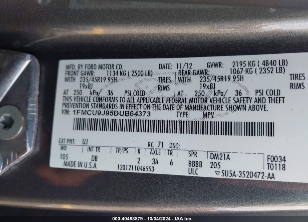 2013 FORD ESCAPE TITANIUM VIN: 1FMCU9J95DUB64373