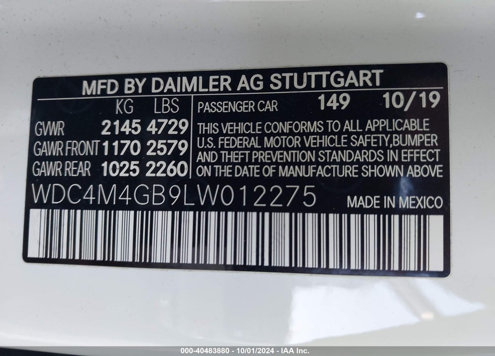 2020 MERCEDES-BENZ GLB 250 VIN: WDC4M4GB9LW012275