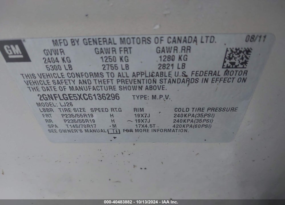 2012 CHEVROLET EQUINOX LTZ VIN: 2GNFLGE5XC6136296