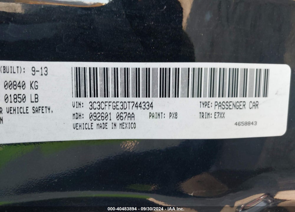 2013 FIAT 500E BATTERY ELECTRIC VIN: 3C3CFFGE3DT744334