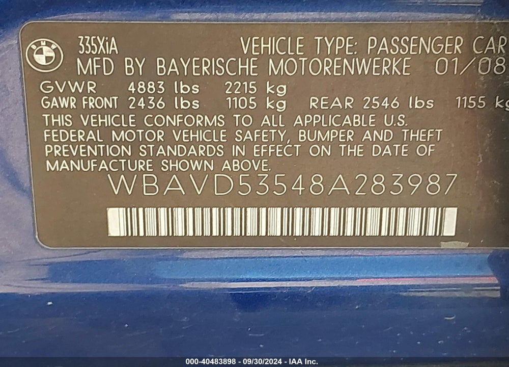 2008 BMW 335XI VIN: WBAVD53548A283987
