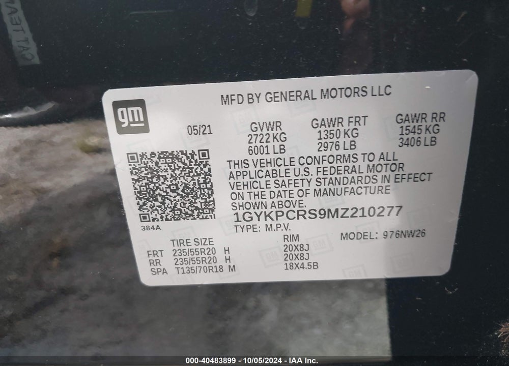 2021 CADILLAC XT6 PREMIUM LUXURY VIN: 1GYKPCRS9MZ210277