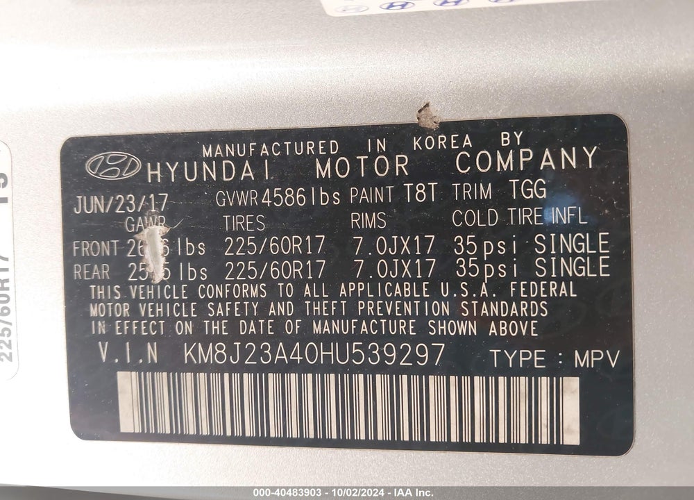 2017 HYUNDAI TUCSON SE VIN: KM8J23A40HU539297