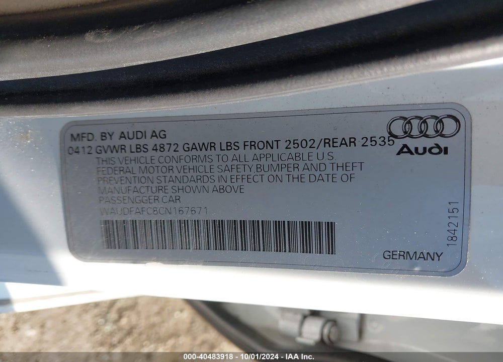 2012 AUDI A6 2.0T PREMIUM VIN: WAUDFAFC8CN167671