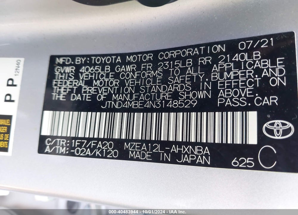 2022 TOYOTA COROLLA SE VIN: JTND4MBE4N3148529