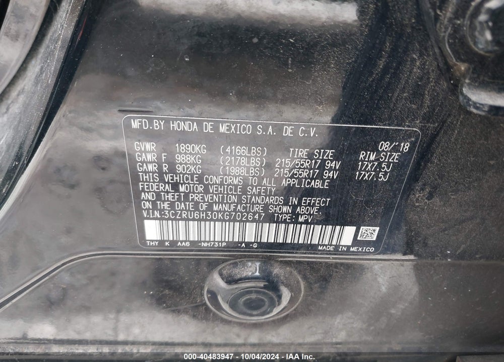 2019 HONDA HR-V LX VIN: 3CZRU6H30KG702647