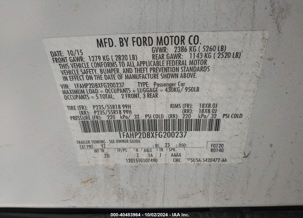 2015 FORD TAURUS SE VIN: 1FAHP2D8XFG200237