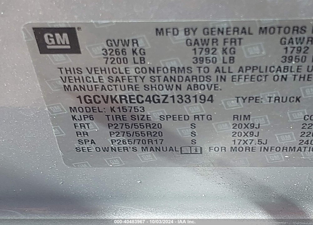 2016 CHEVROLET SILVERADO 1500 2LT VIN: 1GCVKREC4GZ133194