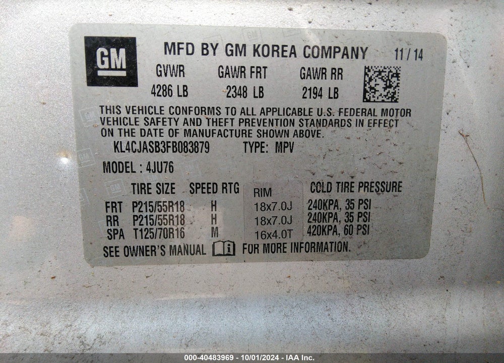 2015 BUICK ENCORE VIN: KL4CJASB3FB083879
