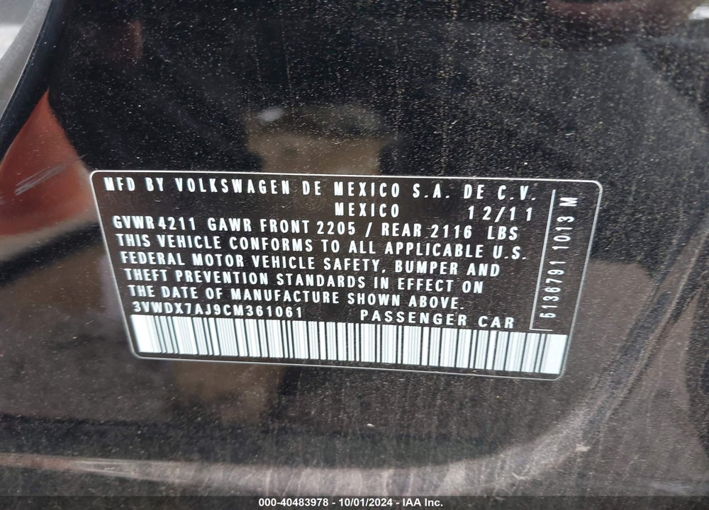 2012 VOLKSWAGEN JETTA 2.5L SE VIN: 3VWDX7AJ9CM361061