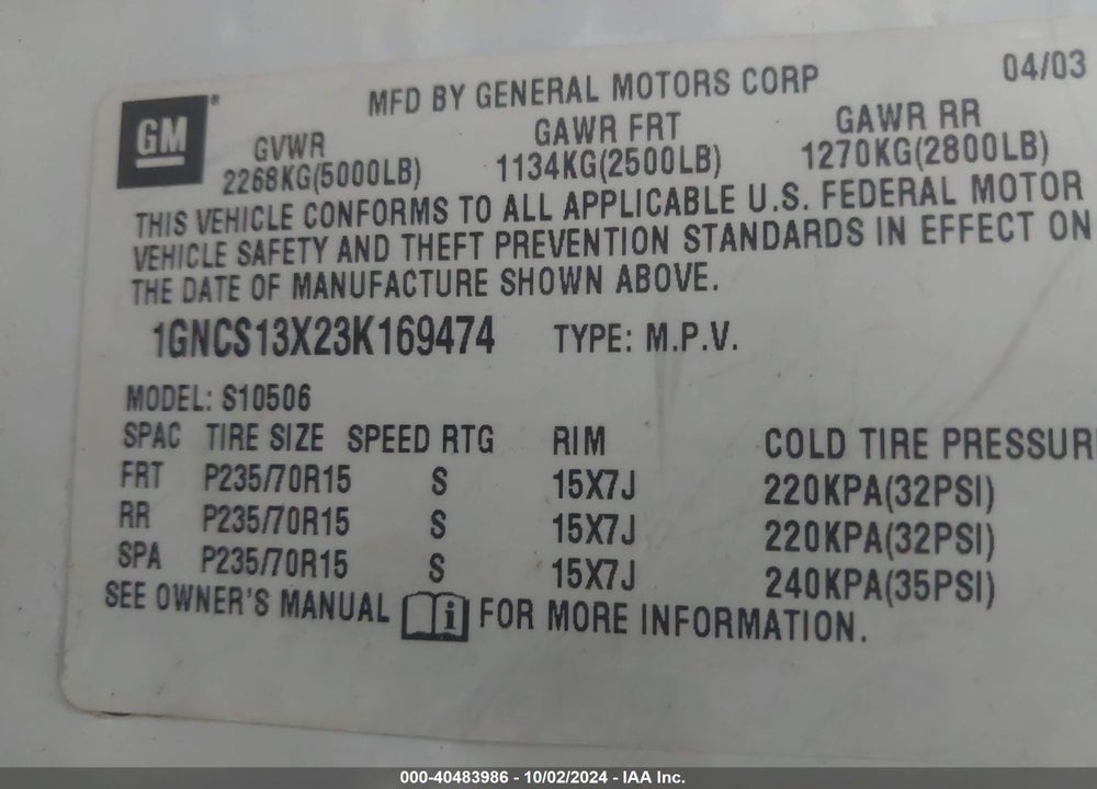 2003 CHEVROLET BLAZER LS VIN: 1GNCS13X23K169474