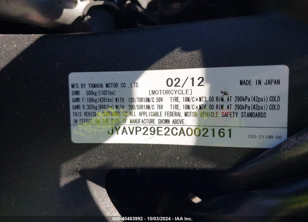 2012 YAMAHA VMX17 VIN: JYAVP29E2CA002161