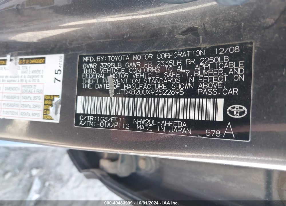 2009 TOYOTA PRIUS VIN: JTDKB20UX93522695