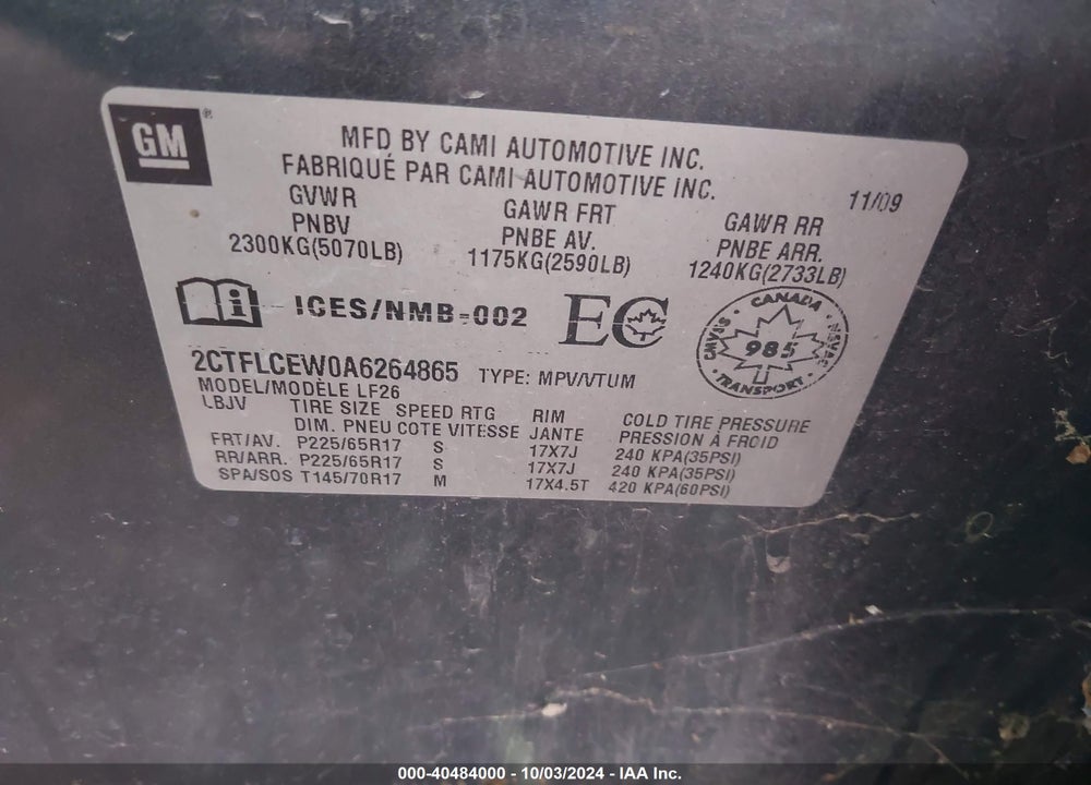 2010 GMC TERRAIN SLE-1 VIN: 2CTFLCEW0A6264865