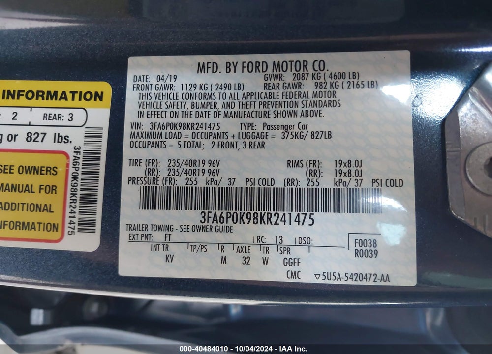 2019 FORD FUSION TITANIUM VIN: 3FA6P0K98KR241475