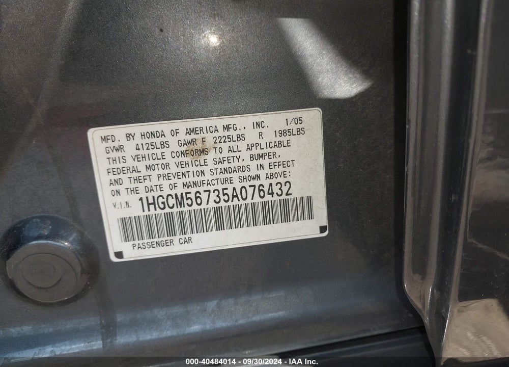2005 HONDA ACCORD 2.4 EX VIN: 1HGCM56735A076432