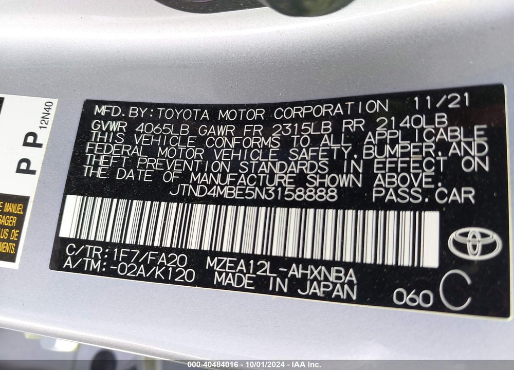 2022 TOYOTA COROLLA SE VIN: JTND4MBE5N3158888
