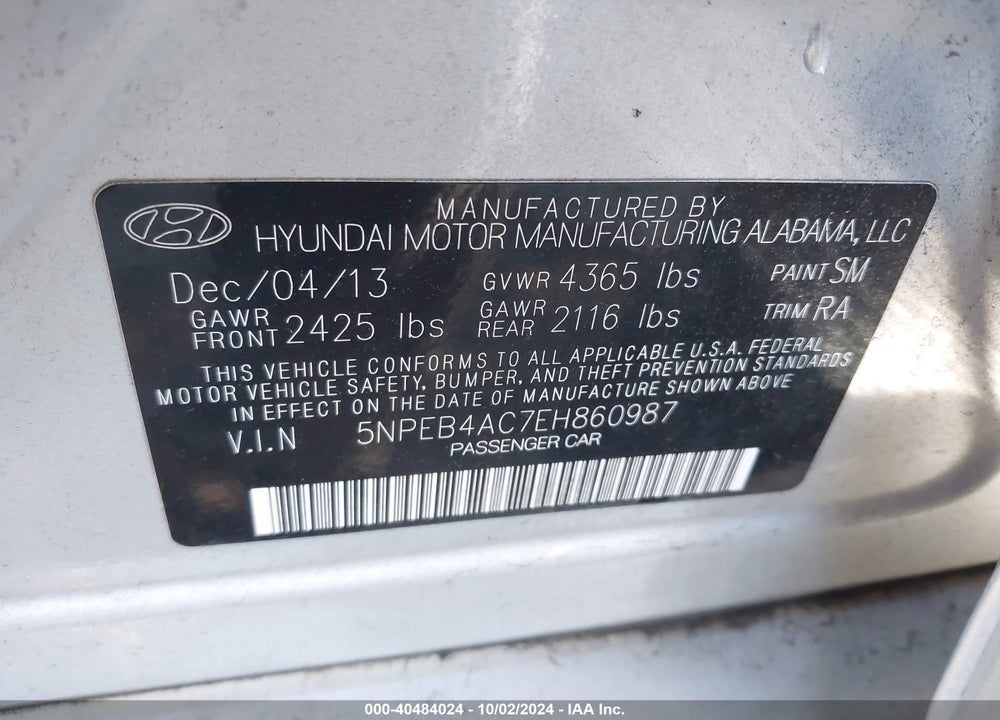 2014 HYUNDAI SONATA GLS VIN: 5NPEB4AC7EH860987