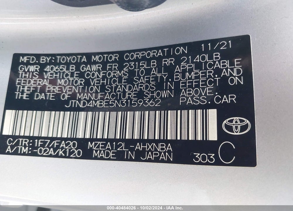 2022 TOYOTA COROLLA SE VIN: JTND4MBE5N3159362