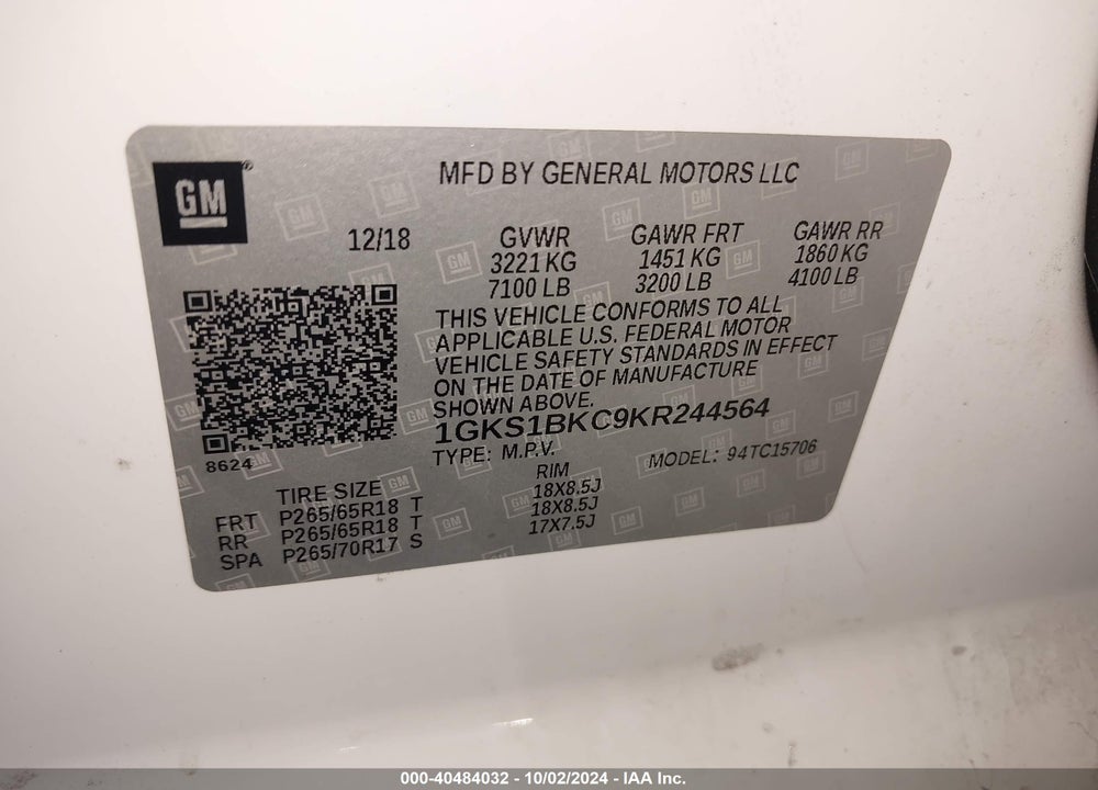 2019 GMC YUKON SLT VIN: 1GKS1BKC9KR244564