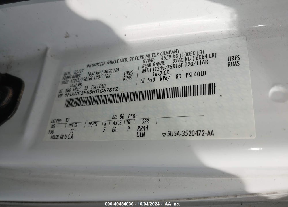 2017 FORD E-350 CUTAWAY VIN: 1FDWE3F65HDC57812