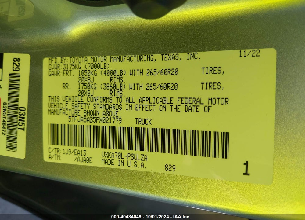 2023 TOYOTA TUNDRA VIN: 5TFJA5AB5PX021779