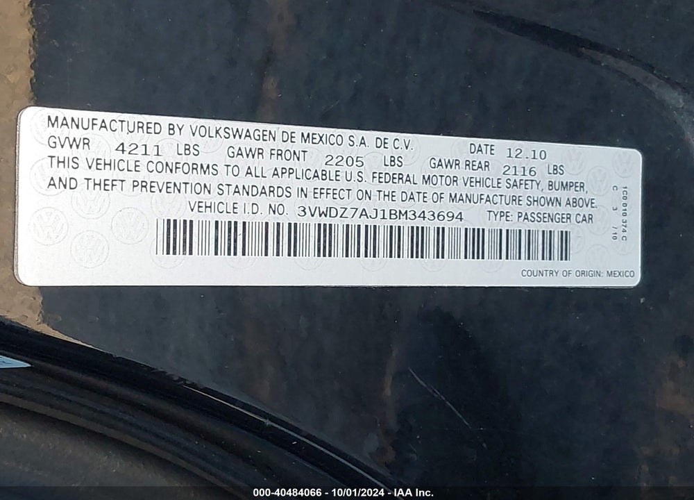2011 VOLKSWAGEN JETTA 2.5L SE VIN: 3VWDZ7AJ1BM343694