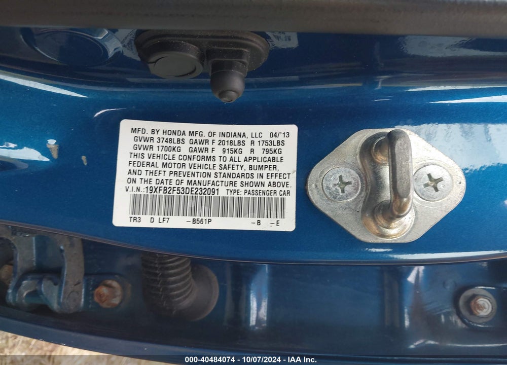 2013 HONDA CIVIC LX VIN: 19XFB2F53DE232091