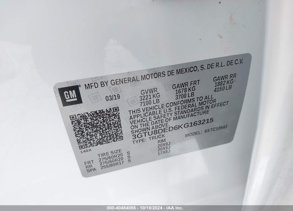 2019 GMC SIERRA 1500 SLT VIN: 3GTU8DED6KG163215