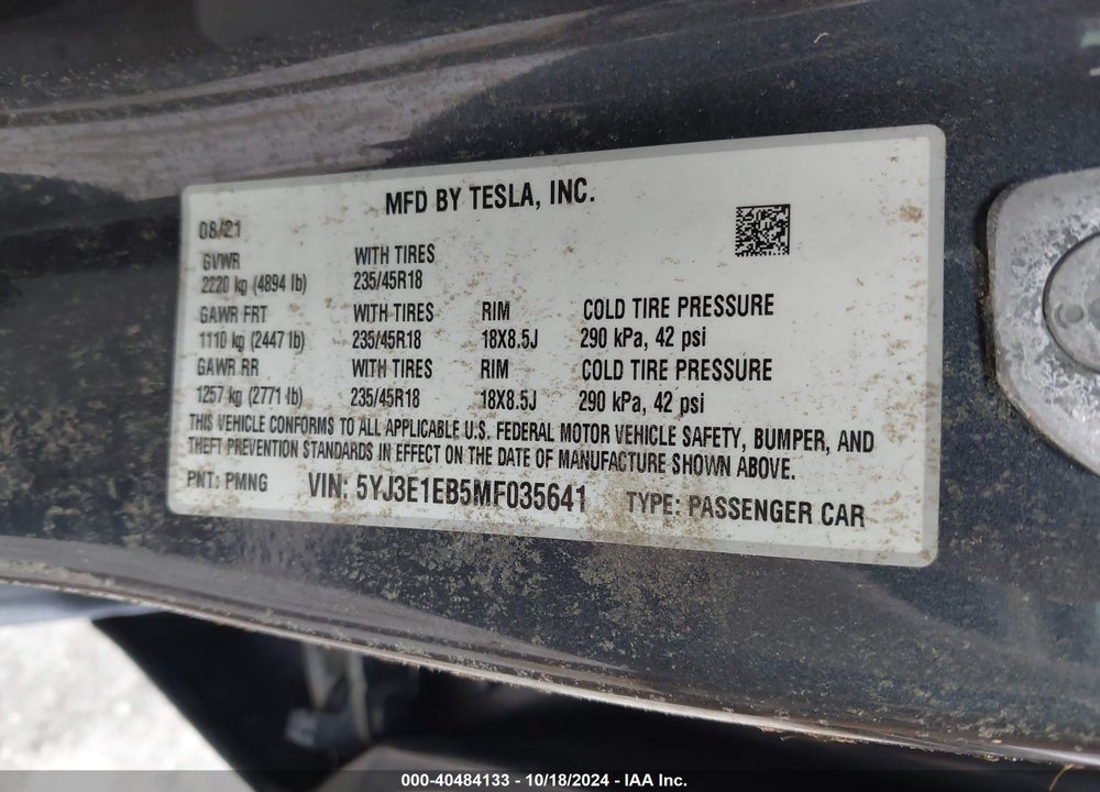 2021 TESLA MODEL 3 LONG RANGE DUAL MOTOR ALL-WHEEL DRIVE VIN: 5YJ3E1EB5MF035641