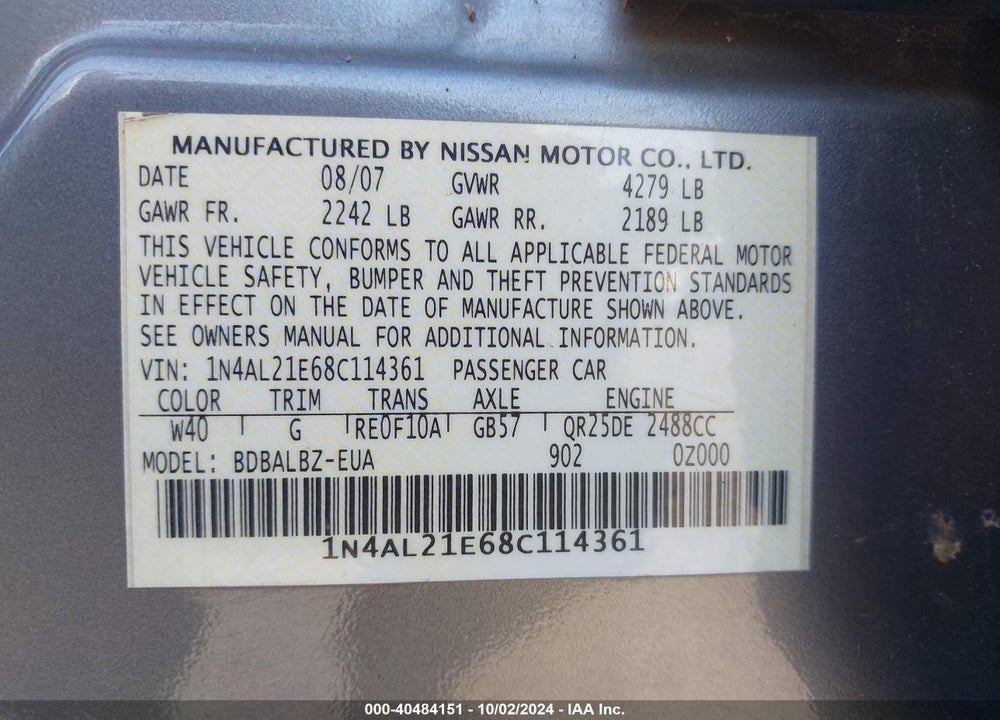 2008 NISSAN ALTIMA 2.5 S VIN: 1N4AL21E68C114361