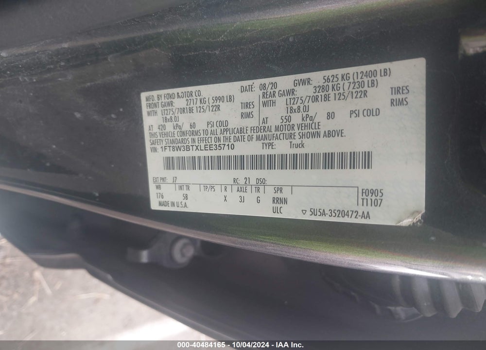 2020 FORD F-350 LARIAT VIN: 1FT8W3BTXLEE35710