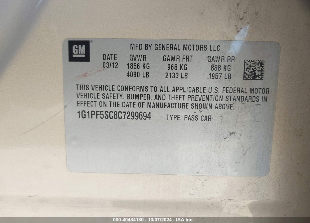 2012 CHEVROLET CRUZE 1LT VIN: 1G1PF5SC8C7299694