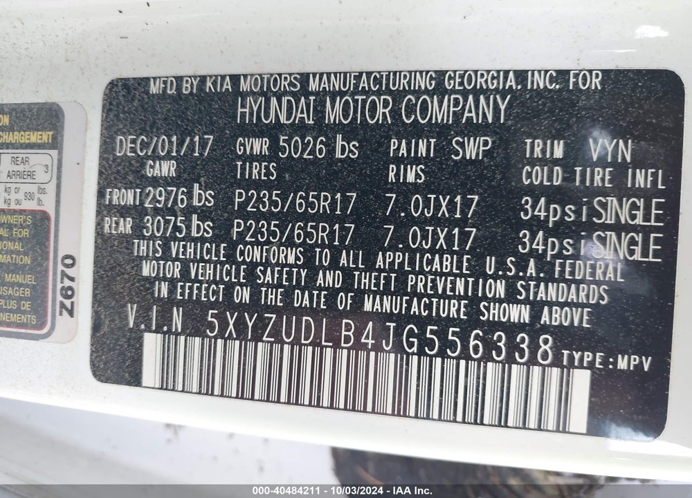 2018 HYUNDAI SANTA FE SPORT 2.4L VIN: 5XYZUDLB4JG556338