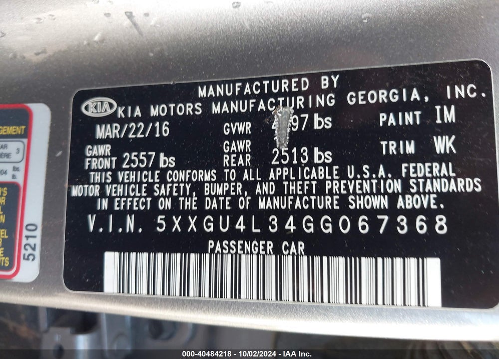 2016 KIA OPTIMA EX VIN: 5XXGU4L34GG067368