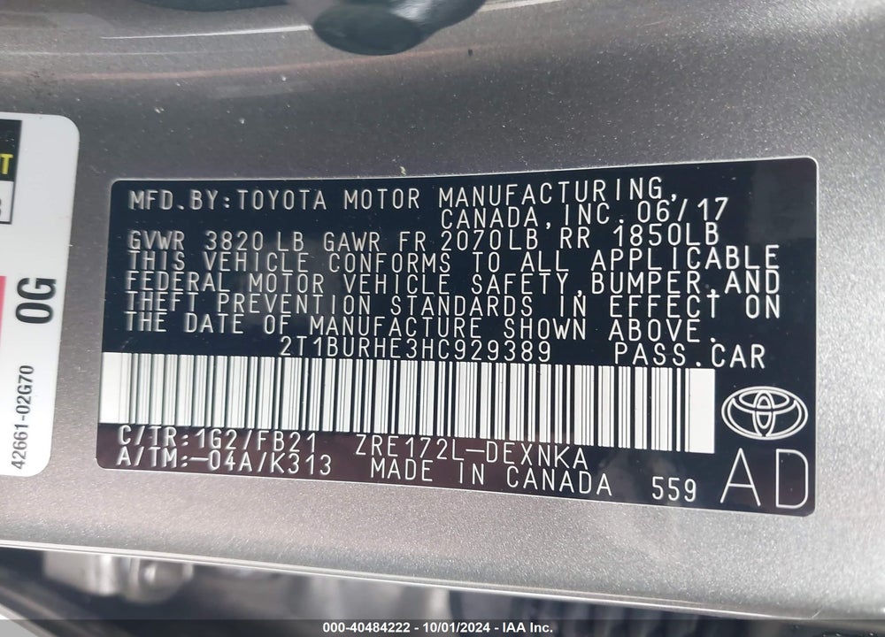 2017 TOYOTA COROLLA LE VIN: 2T1BURHE3HC929389