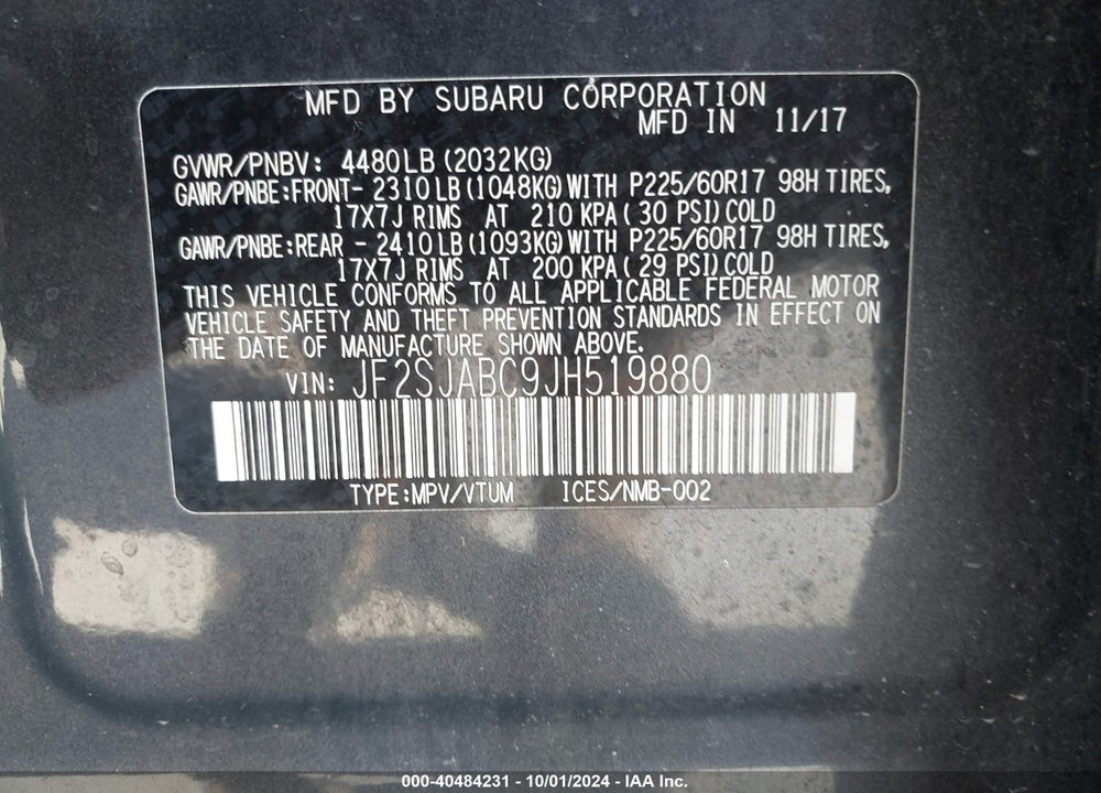 2018 SUBARU FORESTER 2.5I VIN: JF2SJABC9JH519880