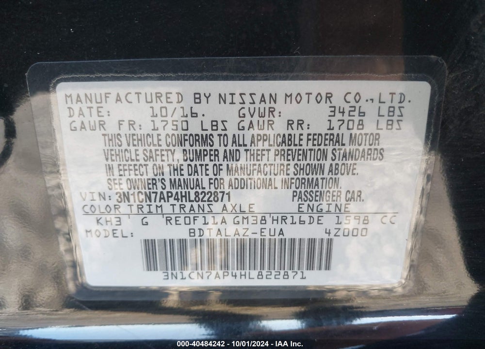 2017 NISSAN VERSA 1.6 S+ VIN: 3N1CN7AP4HL822871