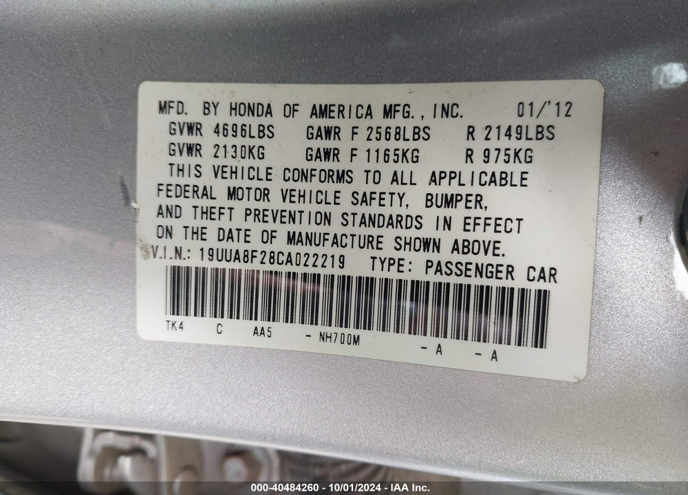 2012 ACURA TL 3.5 VIN: 19UUA8F28CA022219