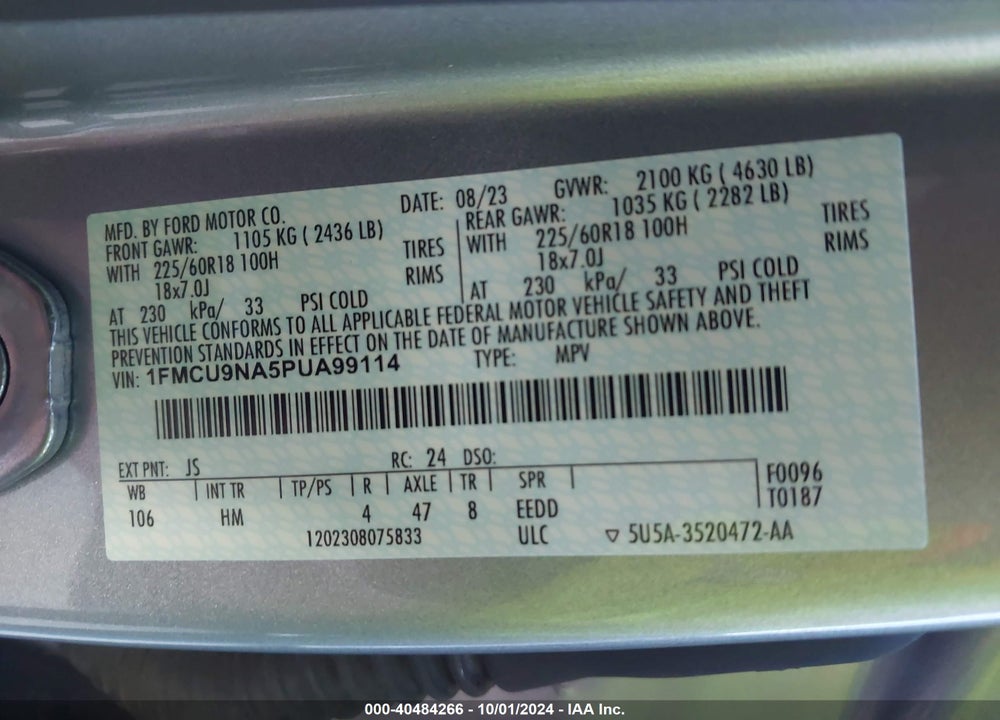 2023 FORD ESCAPE ST-LINE SELECT VIN: 1FMCU9NA5PUA99114