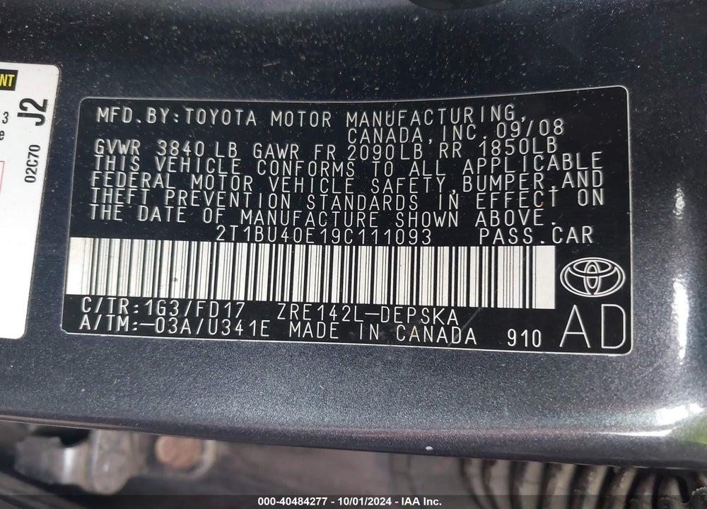 2009 TOYOTA COROLLA S VIN: 2T1BU40E19C111093