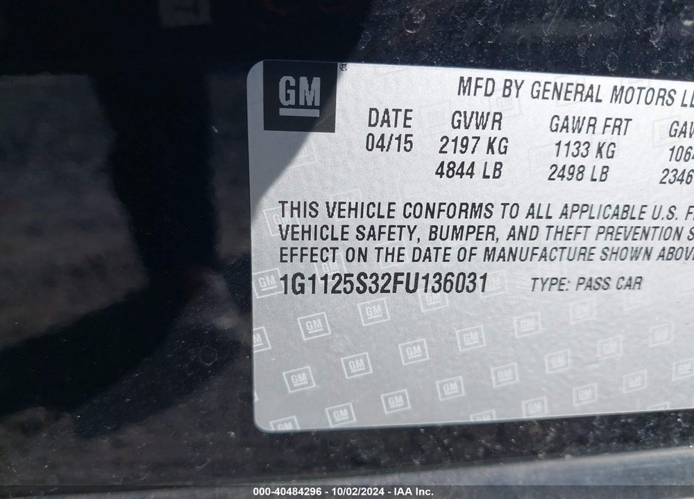 2015 CHEVROLET IMPALA 2LT VIN: 1G1125S32FU136031